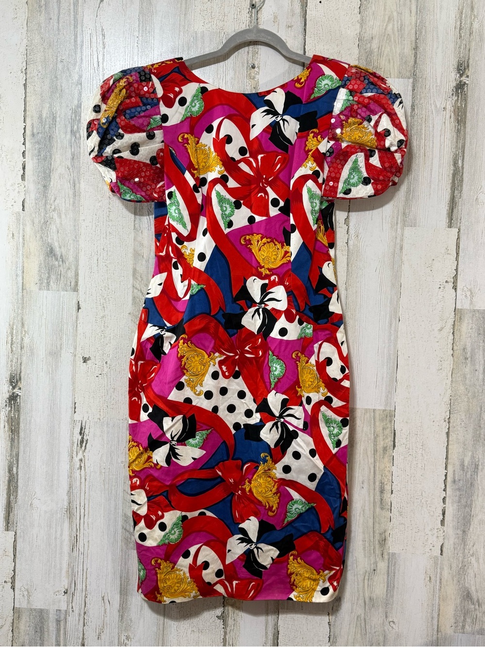 Morton Myles Vintage Vibrant Red & Pink Puff Sequined Sleeve Form Fitting Dress